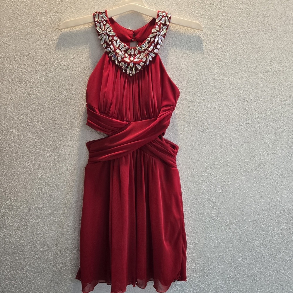 B Darlin Red Rhinestone Halter Dress Juniors 3/4 Beaded Cocktail Homecoming Prom